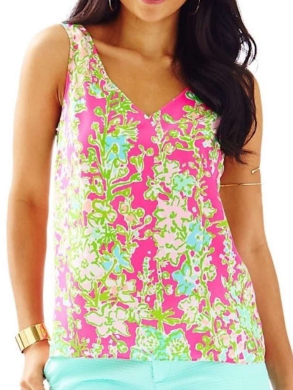 Lilly Pulitzer Cipriani 100% Silk V Neck Tank Top Pink Southern Charm Floral SM